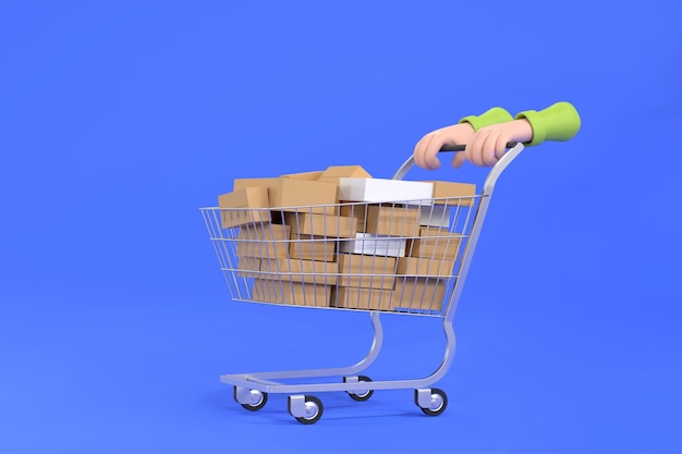 Nahaufnahme der Hand 3D, die einen Einkaufswagen in einem Supermarkt storexA schiebt