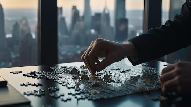 Nahaufnahme der Hand des Geschäftsmannes, die Puzzleteile verbindet Generative KI