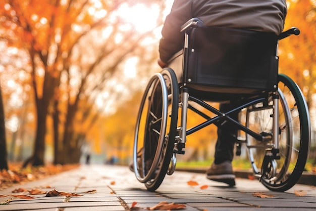 Nahaufnahme der Hand einer behinderten Person, die in einem Rollstuhl im Park AI fährt