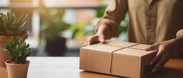 Foto nahaufnahme der hand einer frau, die eine kartonschachtel im innenraum einpackt