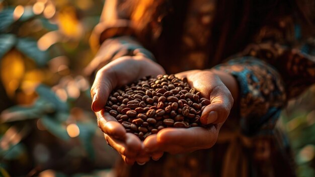 Nahaufnahme der Hand einer Frau, die in der Morgensonne eine Schüssel Kaffeebohnen hält. Generative KI