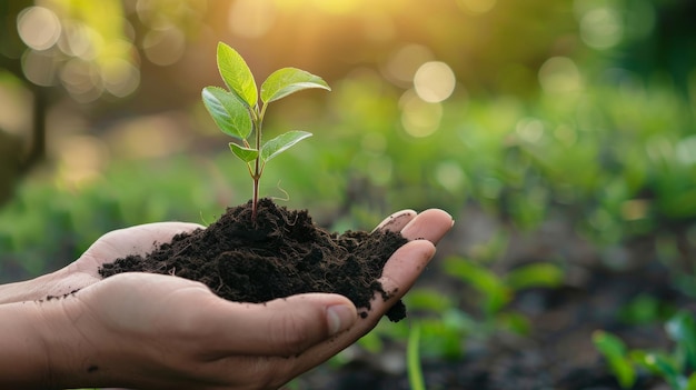 Nahaufnahme der Hand einer Person, die reichlich Boden hält, mit einer jungen Pflanze in der Hand für die Landwirtschaft oder die Pflanzung von Pfirsich-Naturkonzept