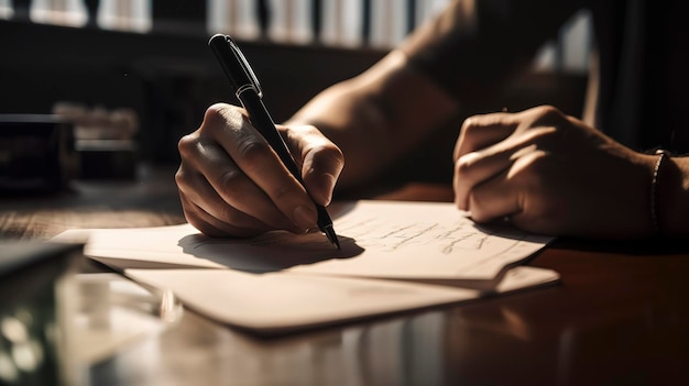 Nahaufnahme der Hand eines Freiberuflers, der Dokumente mit Stift am Schreibtisch unterzeichnet