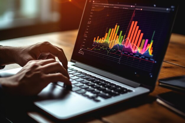 Nahaufnahme der Hand eines Geschäftsmanns mit einem Laptop mit Diagrammen und Grafiken, die auf dem Bildschirm angezeigt werden