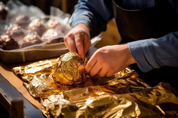 Nahaufnahme der handgemachten Herstellung von Osterschokolade mit geschmolzener Schokolade und unwiderstehlichen Füllungen