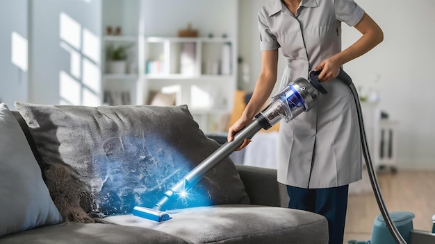 Nahaufnahme der Haushälterin, die einen modernen Staubsauger hält und schmutzige Sofa mit Professi reinigt
