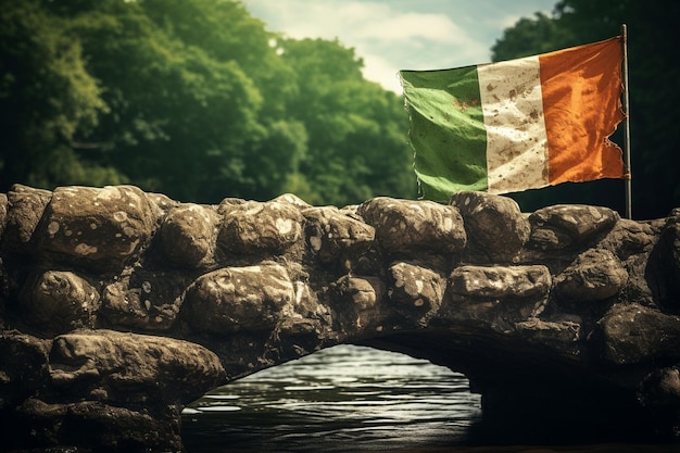 Foto nahaufnahme der irischen flagge mit einem traditionellen irischen wolfshund, der neben ihr sitzt