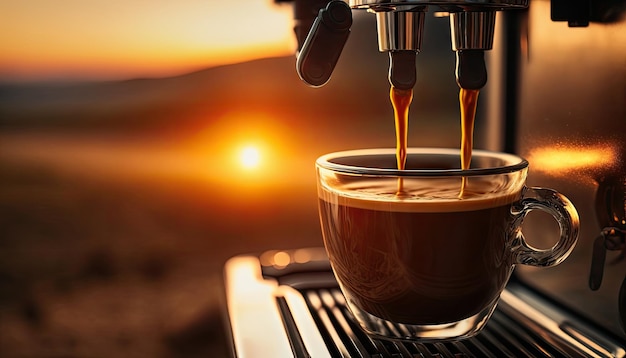 Nahaufnahme der Kaffeeextraktion oder des Eingießens von Espresso aus der Kaffeemaschine mit Sonnenuntergang Generative Ai