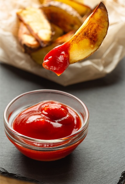 Nahaufnahme der kleinen Glasschüssel mit Tomatensauce und Kartoffelscheibe über der Schüssel mit Sauce darauf