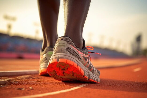 Nahaufnahme der Laufschuhe eines Afrikaners auf der Rennstrecke im Stadion