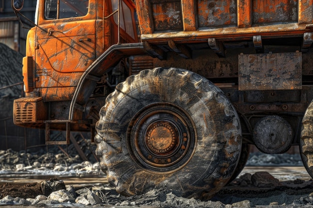 Nahaufnahme der linken Vorderseite eines älteren, gut gebrauchten orangefarbenen Müllwagens auf einer Baustelle