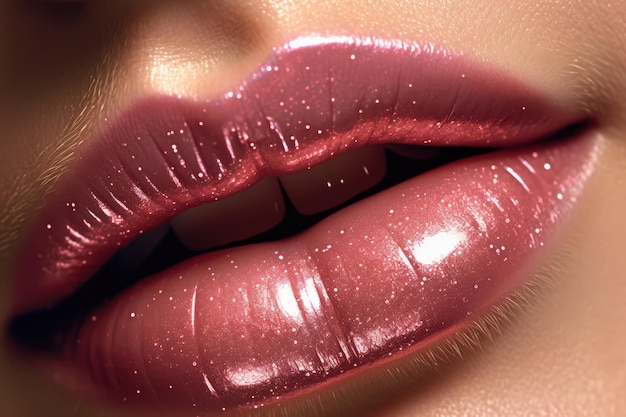 Nahaufnahme der Lippen eines Mädchens mit Lippenstift und Glitzer. Generative KI