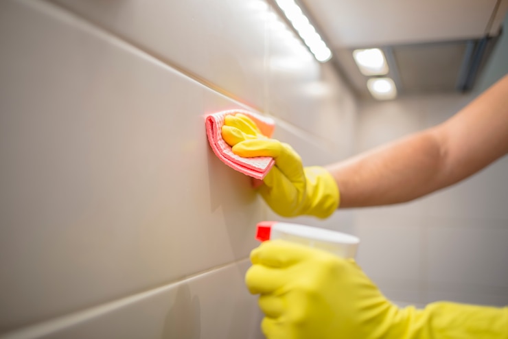 Foto nahaufnahme der männlichen hände in handschuhe mit spray und teppich