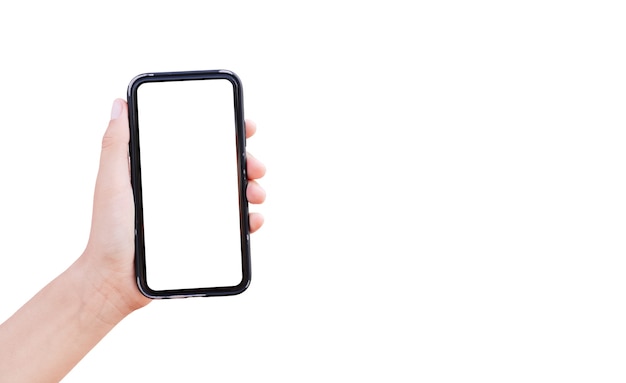 Nahaufnahme der männlichen Hand, die Smartphone mit Modell lokalisiert auf Weiß mit Kopienraum hält.