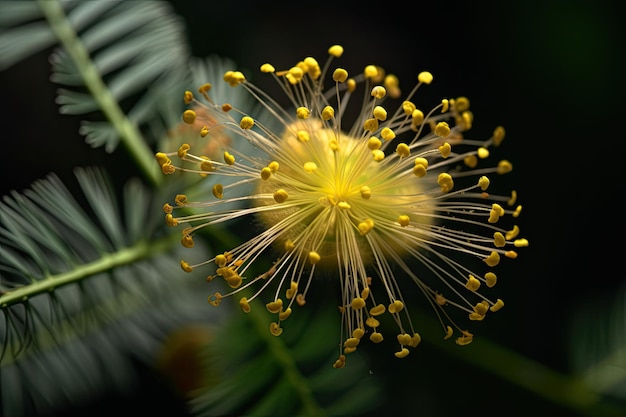 Nahaufnahme der Mimosenblüte mit ihren zarten Blütenblättern und gelben Staubgefäßen in voller Sicht