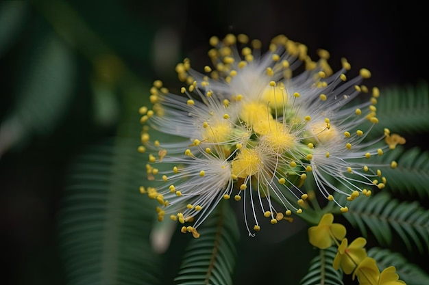 Nahaufnahme der Mimosenblüte mit ihren zarten Blütenblättern und gelben Staubgefäßen in voller Sicht