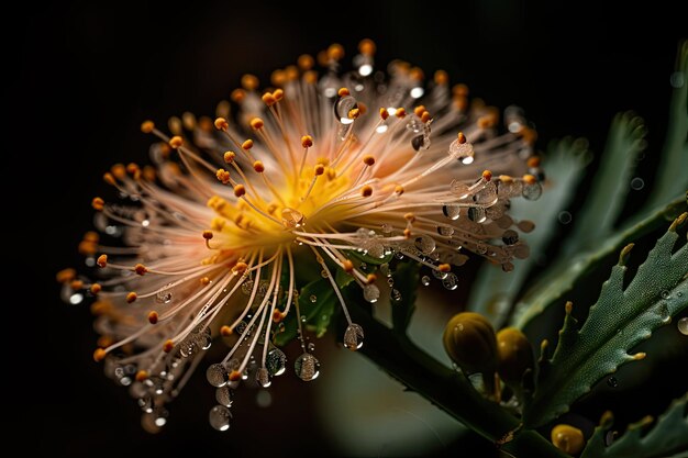 Nahaufnahme der Mimosenblüte mit Tautropfen, die auf Blütenblättern glitzern