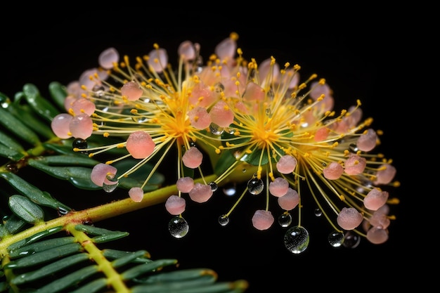 Nahaufnahme der Mimosenblüte mit Tautropfen, die auf Blütenblättern glitzern