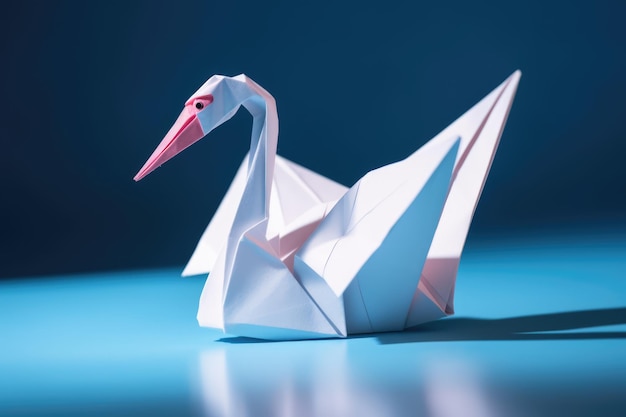 Nahaufnahme der Origami-Figur des Schwans auf blauem Hintergrund, die mit generativer KI-Technologie erstellt wurde