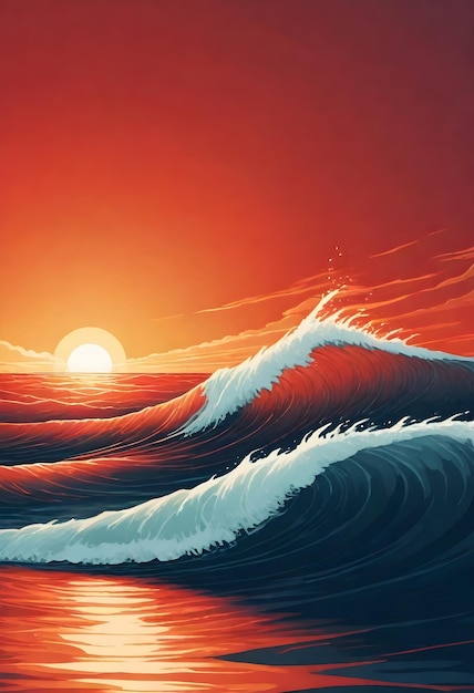 Nahaufnahme der Ozeanwellen beim Sonnenuntergang mit der Sonne am Horizont und einem orangefarbenen Himmel