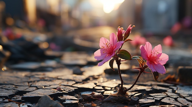 Nahaufnahme der rosafarbenen Blume, die auf der Crack Street wächst. Generative KI