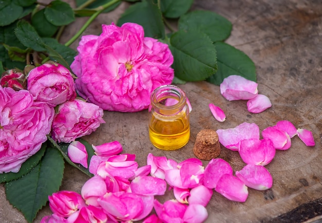 Nahaufnahme der Rose ätherisches Öl Flasche mit fallenden Blättern auf Holzuntergrund. Selektiver Fokus