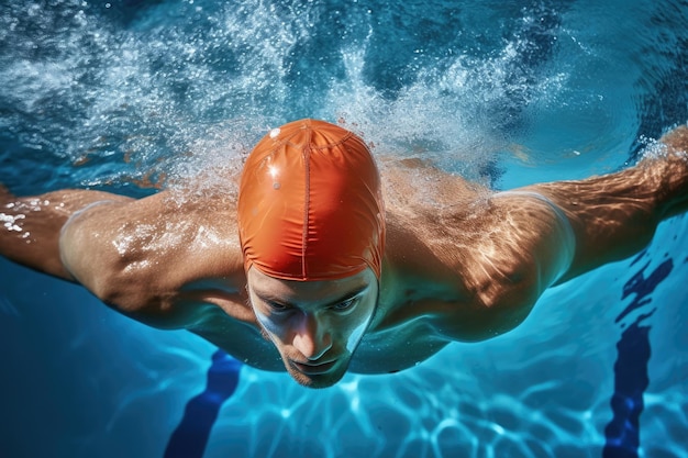 Foto nahaufnahme der rückenmuskeln eines professionellen schwimmers, der einen schwimmhut trägt