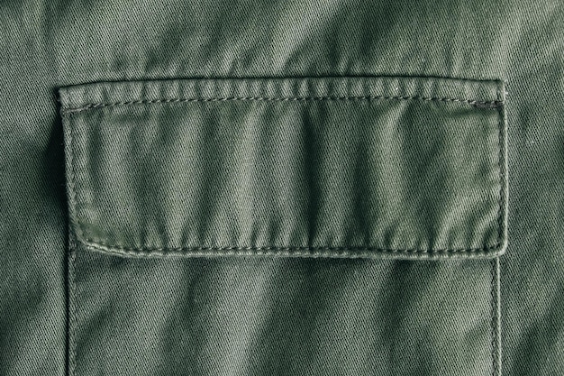 Nahaufnahme der Tasche auf einer grünen Winterjacke. Ansicht von oben. Kopieren, leerer Platz für Text