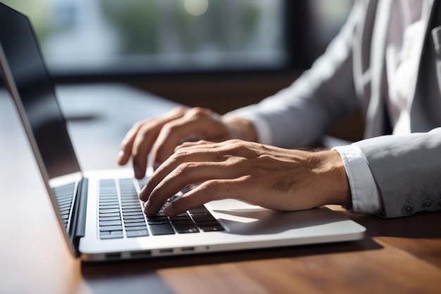 Nahaufnahme der Tastatureingabe auf einem Laptop-Computer, der online an einem weißen Tisch im Facebook-Chat im Büro arbeitet