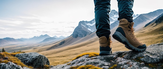 Nahaufnahme der Trekkingschuhe eines Wanderers, der eine bergige Gegend auf der Spitze eines Hügels überquert