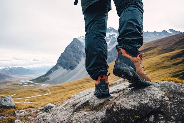 Nahaufnahme der Trekkingschuhe eines Wanderers, der eine bergige Gegend auf der Spitze eines Hügels überquert