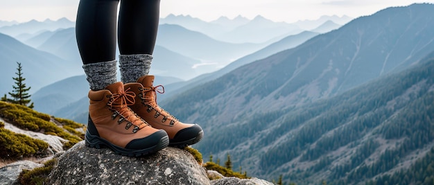 Nahaufnahme der Trekkingschuhe eines Wanderers, der eine bergige Gegend auf der Spitze eines Hügels überquert