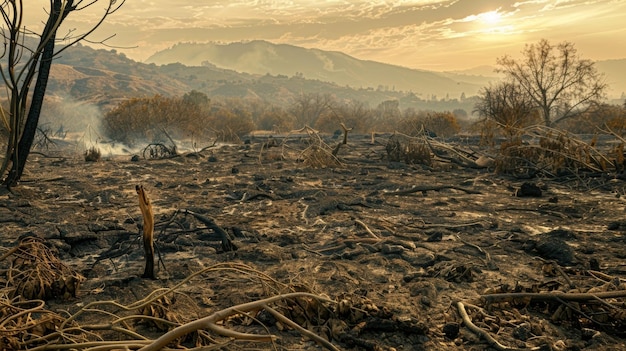 Nahaufnahme der verbrannten Erde und der geschwärzten Vegetation, so weit das Auge reicht, in der Folge eines