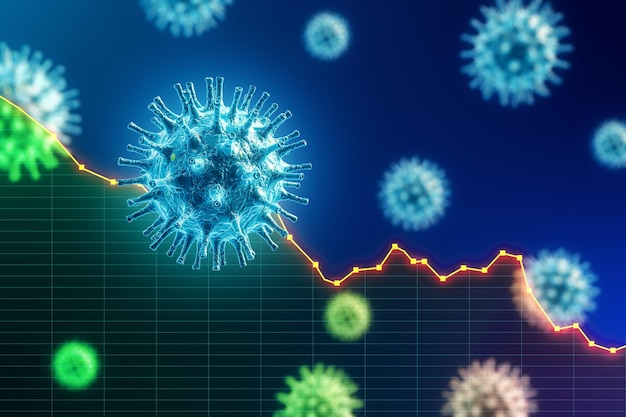 Nahaufnahme der Viruszellen Coronavirus 2019nCov und fallende Diagramme