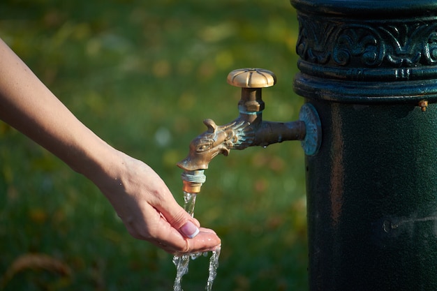 Nahaufnahme der weiblichen Hand unter Wasser von einer Spalte im alten Stil mit Trinkwasser in einem Herbstpark, selektiver Fokus