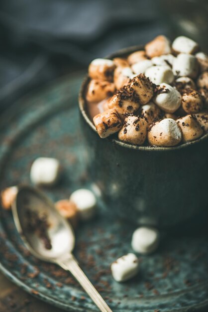 Nahaufnahme der Wintererwärmung süßes Getränk heiße Schokolade mit Marshmallows