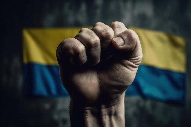 Nahaufnahme der zur Faust geballten Hand eines Mannes. Flagge der Ukraine