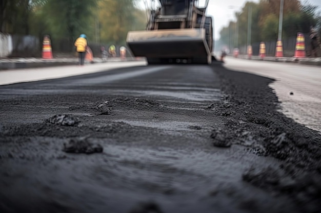 Foto nahaufnahme des asphalts, der für eine neue straßenoberfläche verlegt wird