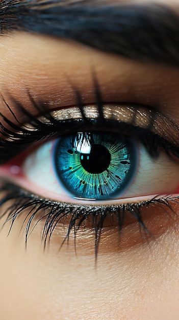 Nahaufnahme des Auges einer Frau mit dramatischen Wimpern, schwarzer Augenlinie und professionellem Make-up Generative KI