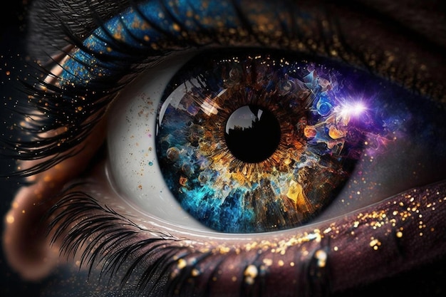 Nahaufnahme des Auges einer Person mit Galaxie in der generativen Iris der Iris