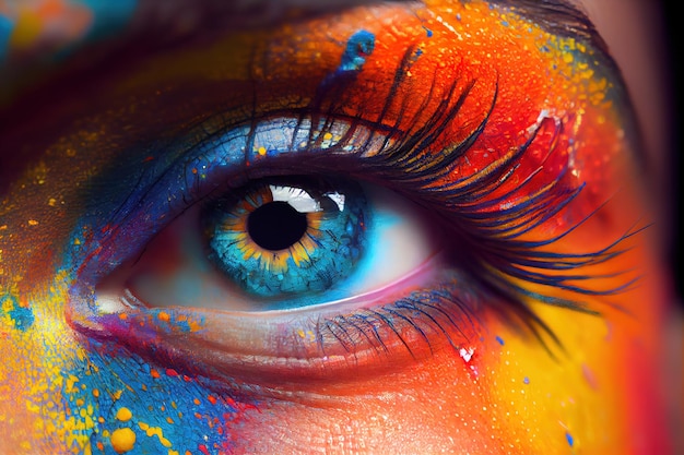 Nahaufnahme des Auges mit leuchtend mehrfarbiger Modemarke Rainbow Eye und Holi Festival