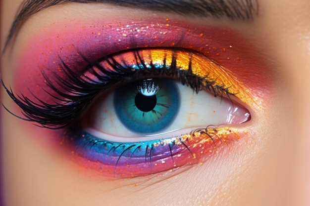 Nahaufnahme des Auges mit leuchtendem Make-up ai generativ