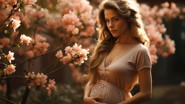 Nahaufnahme des Bauches Schwangere Frau steht im Blumengarten