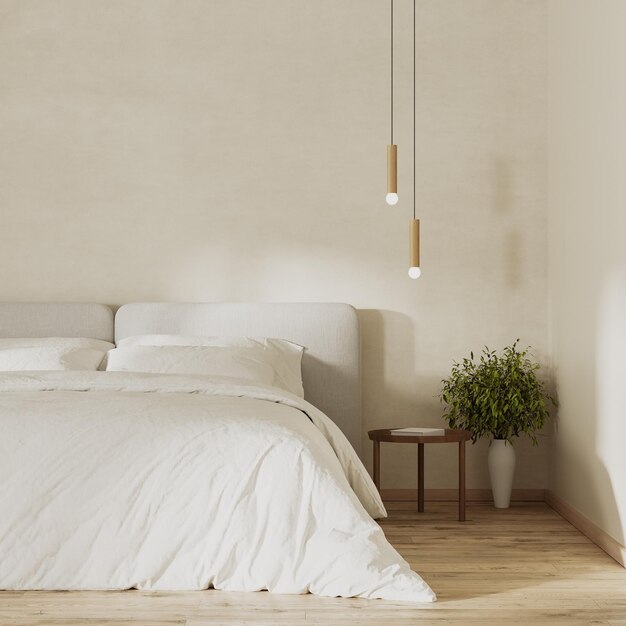 Foto nahaufnahme des bettes im modernen schlafzimmerinterieur in minimalistischer 3d-darstellung im skandinavischen stil