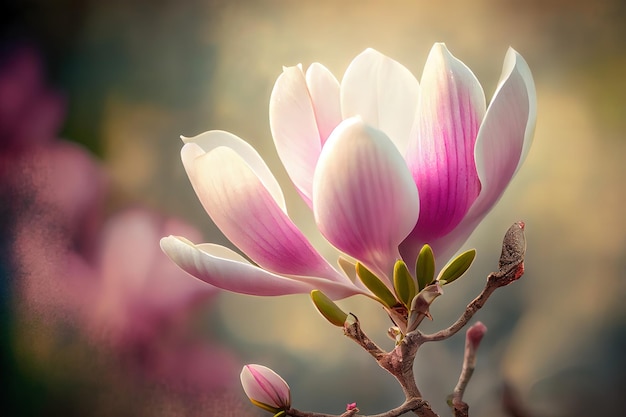 Nahaufnahme des blühenden Magnolienbaums im Frühjahr auf pastellfarbenem Bokeh-Hintergrund Generative Ai