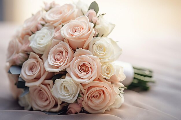 Foto nahaufnahme des bouquets mit dem verlobungsring der braut im fokus