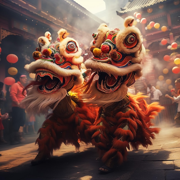 Nahaufnahme des chinesischen Löwen-Tanzes zum Neujahr.