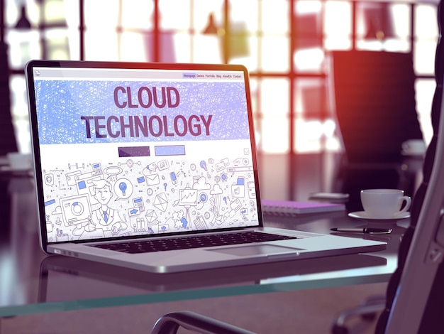 Nahaufnahme des cloud-technologiekonzepts auf der zielseite des laptop-bildschirms im modernen büroarbeitsplatz getöntes bild mit selektivem fokus 3d-rendering