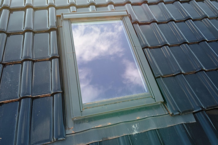 Foto nahaufnahme des dachbodenfensters auf dem dach des hauses, das mit keramischen schindeln bedeckt ist. fliesenbelag des gebäudes.