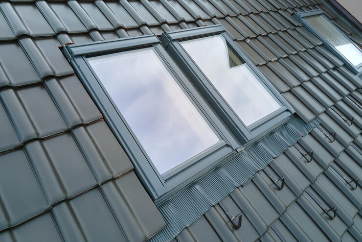 Foto nahaufnahme des dachfensters auf dem dach des hauses, das mit keramikschindeln bedeckt ist. geflieste abdeckung des gebäudes.